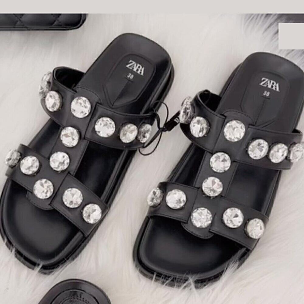ZARA Black Crystal Embellished Flat Sandals NWT Double Strap Gem Slides Size 7.5 - Picture 12 of 16